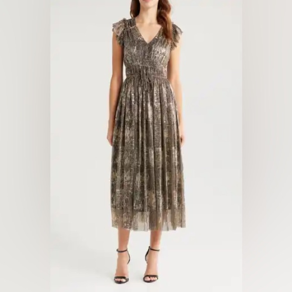 Elegant Metallic Lace Midi Dress - Taupe